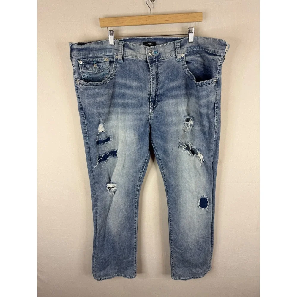 True Religion Ricky Relaxed Straight Distressed Blue Jeans Mens 44X30 Light Wash
